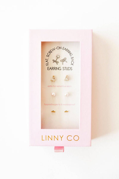 LINNY CO earring set in a pink box on a white background