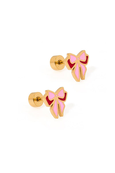 Gold bow-shaped earrings with pink centers on a white background