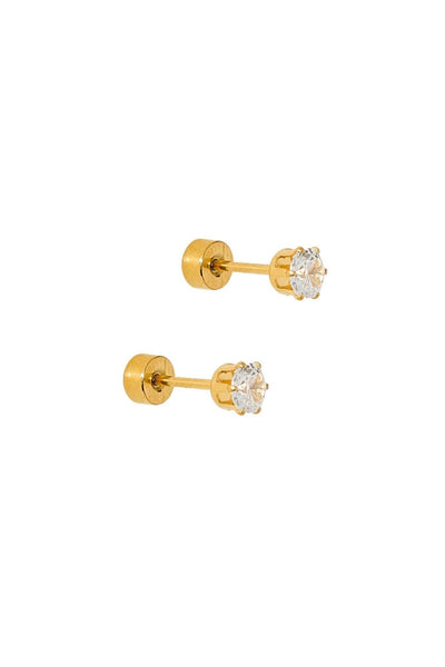 Gold stud earrings with clear gemstones on a white background