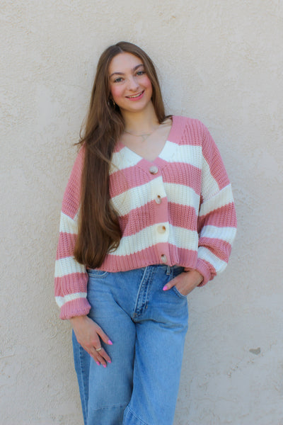 Mauve Striped V-Neck Cardigan