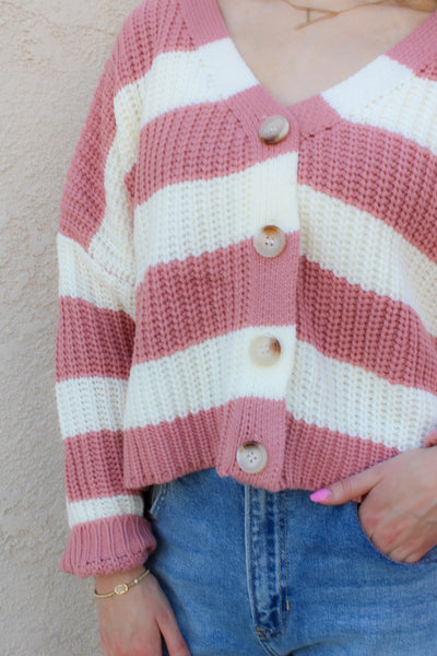 Mauve Striped V-Neck Cardigan