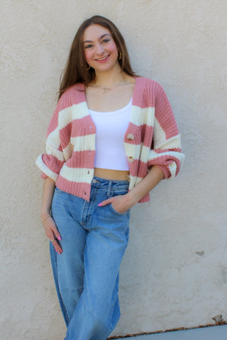 Mauve Striped V-Neck Cardigan
