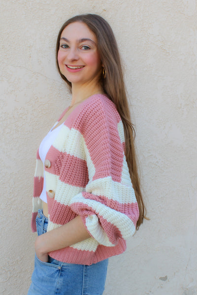 Mauve Striped V-Neck Cardigan