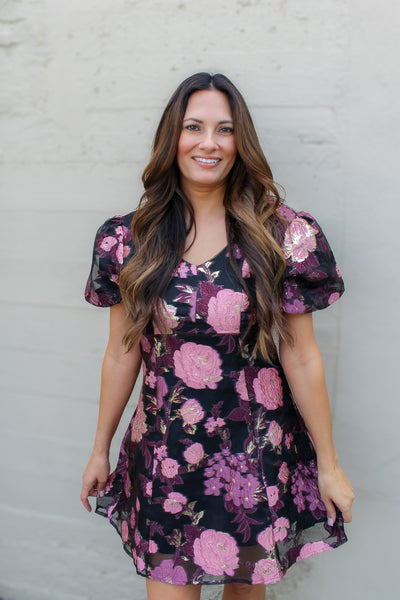 Midnight Rose Jacquard Mini Dress