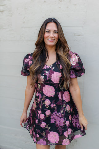 Midnight Rose Jacquard Mini Dress