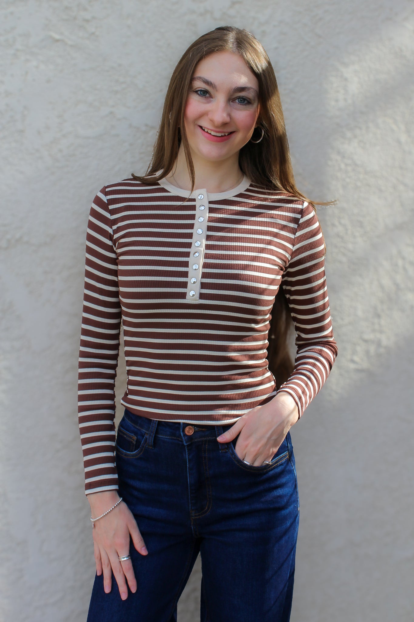 Chocolate Striped Henley Snap Top