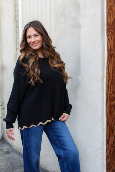 Mod Scallop Knit Sweater / Black