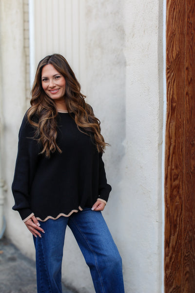 Mod Scallop Knit Sweater / Black