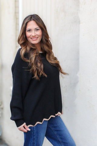 Mod Scallop Knit Sweater / Black