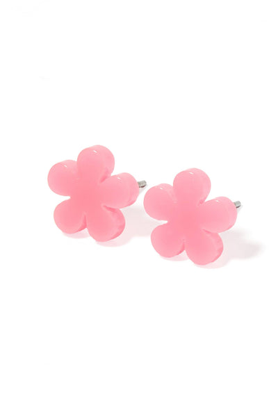 A pair of small pink flower-shaped stud earrings with silver posts, shown on a clean white background.