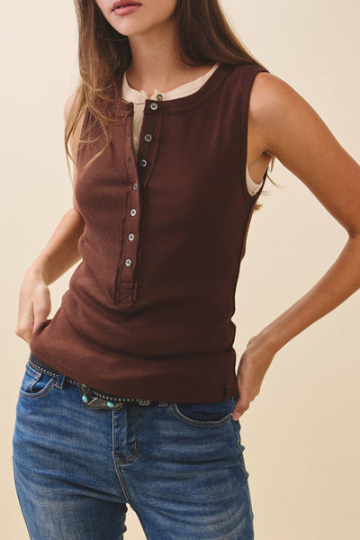 Ricki Ribbed Henley Tank / Chocolate Brown
