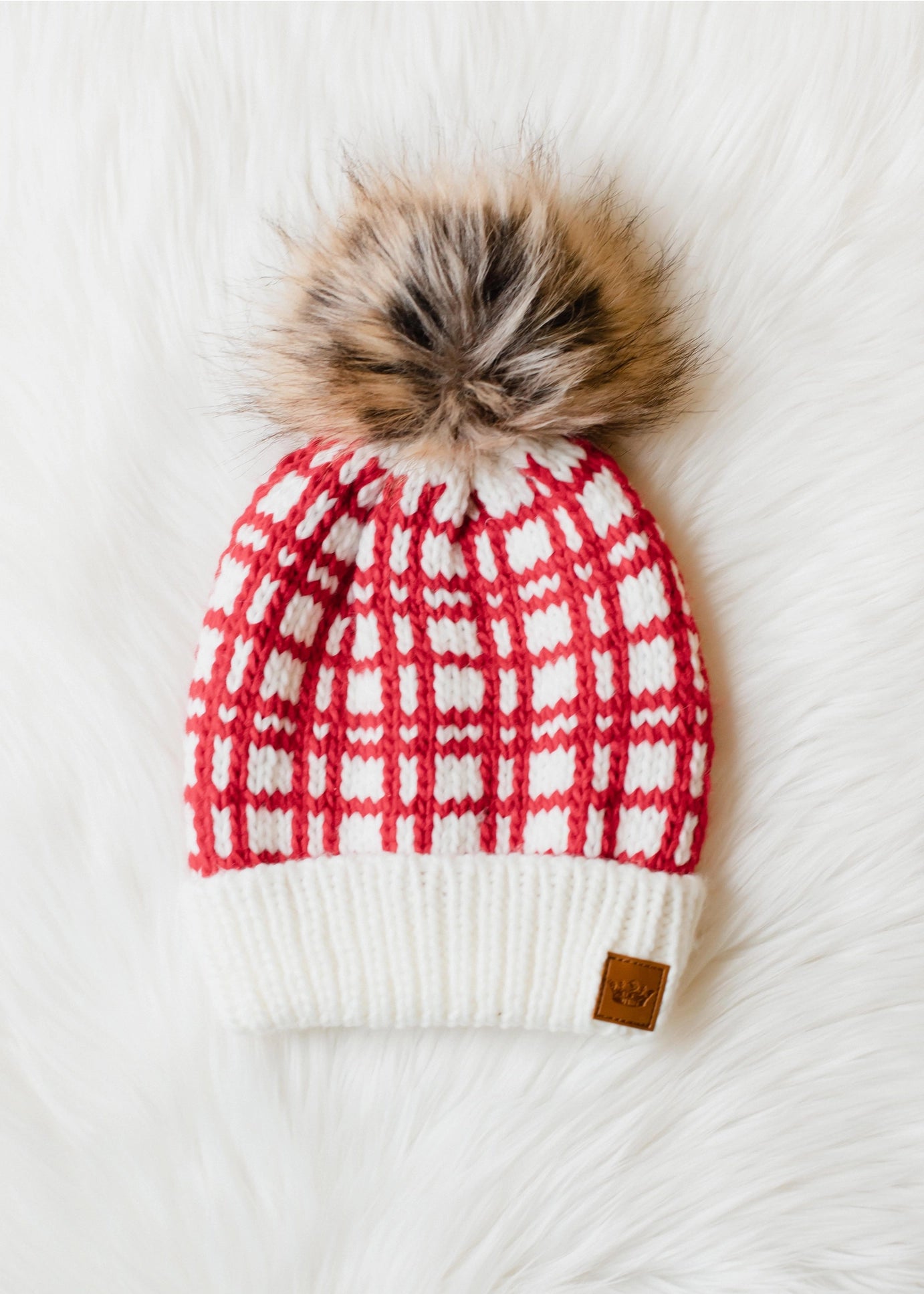 Red & White Plaid Pom Beanie