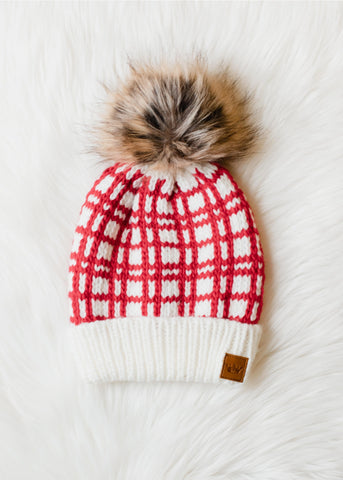 Red & White Plaid Pom Beanie