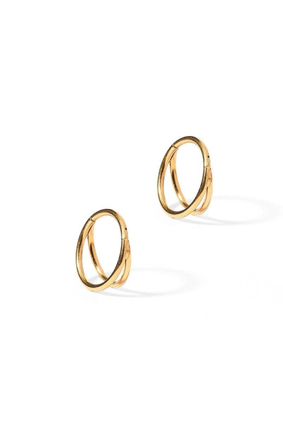 A pair of gold-toned double-ring hoop earrings on a clean white background.