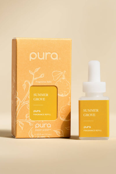 Pura Summer Grove fragrance refill packaging and bottle on a beige background