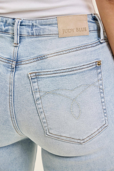 Judy Blue Mid Rise Light Wash Kick Flare Raw Hem