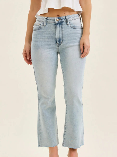 Judy Blue Mid Rise Light Wash Kick Flare Raw Hem
