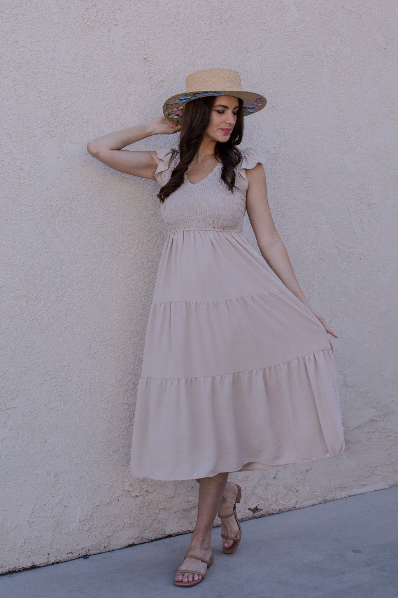 Emmie Flutter Sleeve Dress / Beige