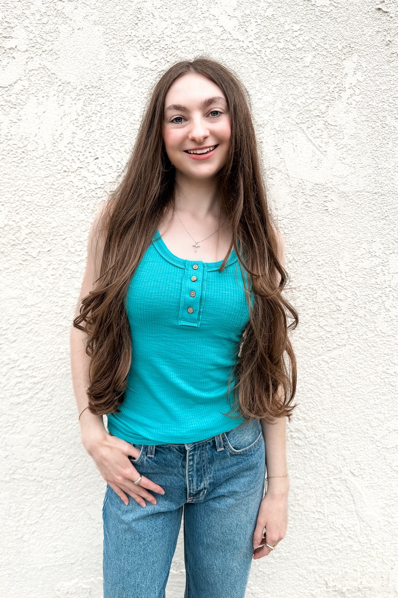 Ryanne Ribbed Henley Tank Top / Turquoise