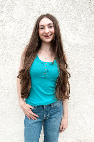 Ryanne Ribbed Henley Tank Top / Turquoise