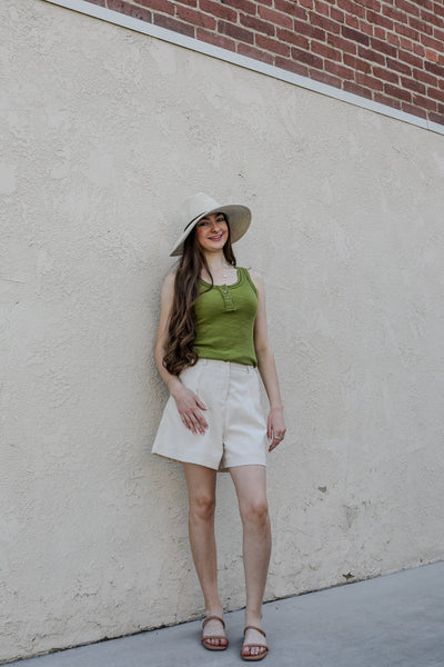 Ryanne Ribbed Henley Tank Top / Spring Green