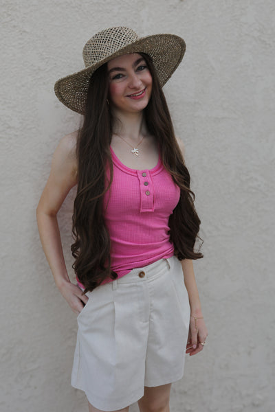 Ryanne Ribbed Henley Tank Top / Candy Pink
