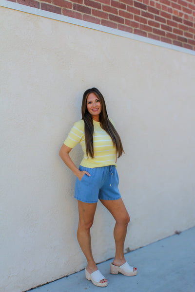 Washed Chambray Denim Tie Shorts