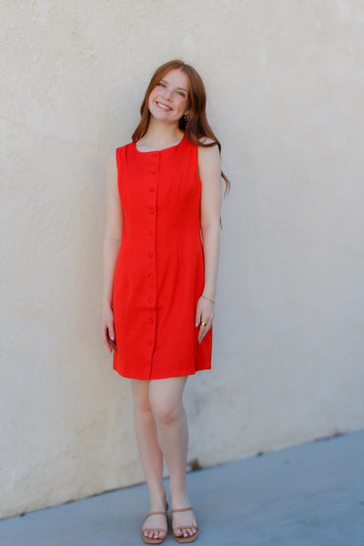 Bessie Button Mini Dress / Red