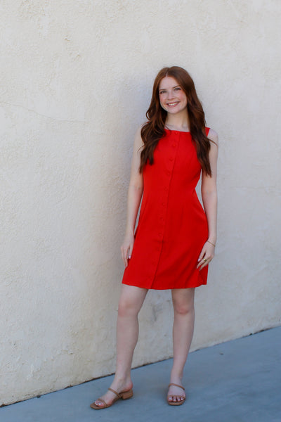 Bessie Button Mini Dress / Red