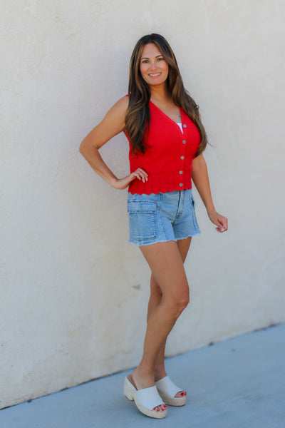 Pointelle Knit Button Up Vest / Red