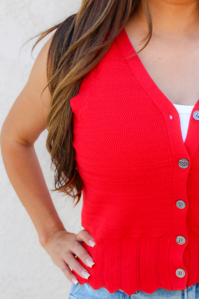 Pointelle Knit Button Up Vest / Red