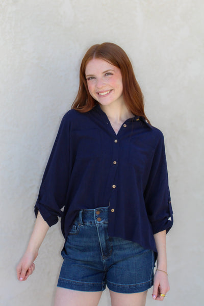 Diana Linen Dolman Blouse / Navy