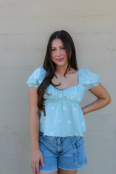 Daisy Dreams Puff Sleeve Blouse / Teal