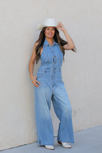 Summer Is Mine Collared Denim Jumpsuit