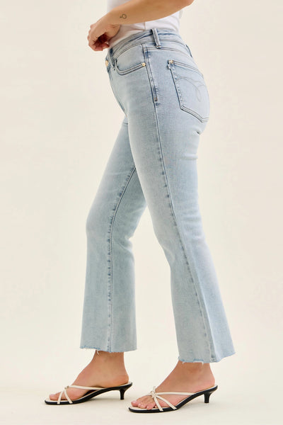 Judy Blue Mid Rise Light Wash Kick Flare Raw Hem